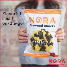 NORA six-pack seaweed snacks featuring rice bran oil for crisp finish.
