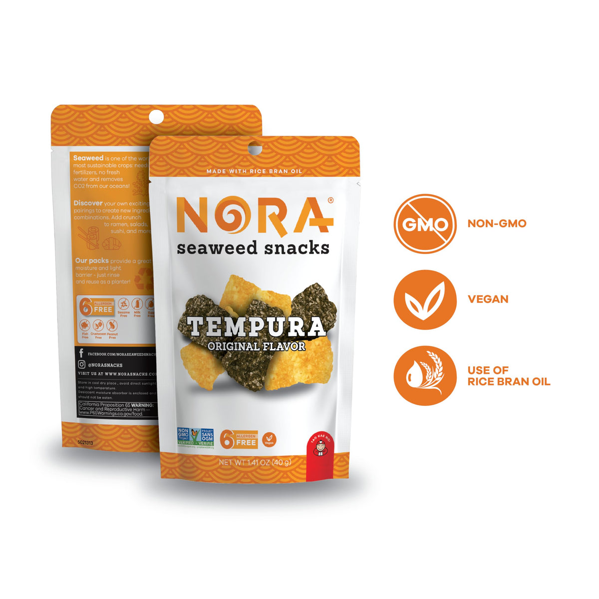 NORA Original Tempura Seaweed Snacks thick nori sheets with crispy bites.