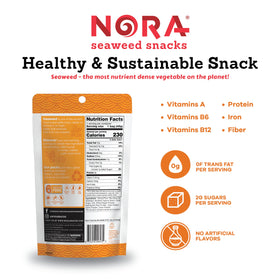 NORA vegan seaweed snacks highlight premium Korean nori for umami flavor.