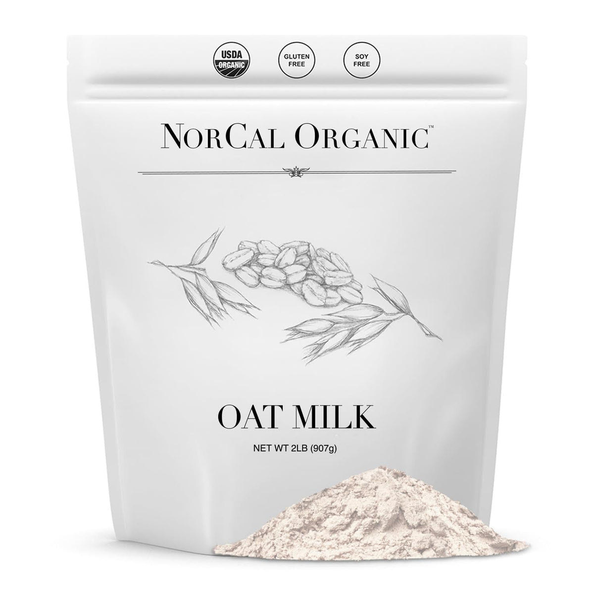 NorCal Organic Oat Milk Powder packaging featuring pure Canadian oats for clean vegan milk.