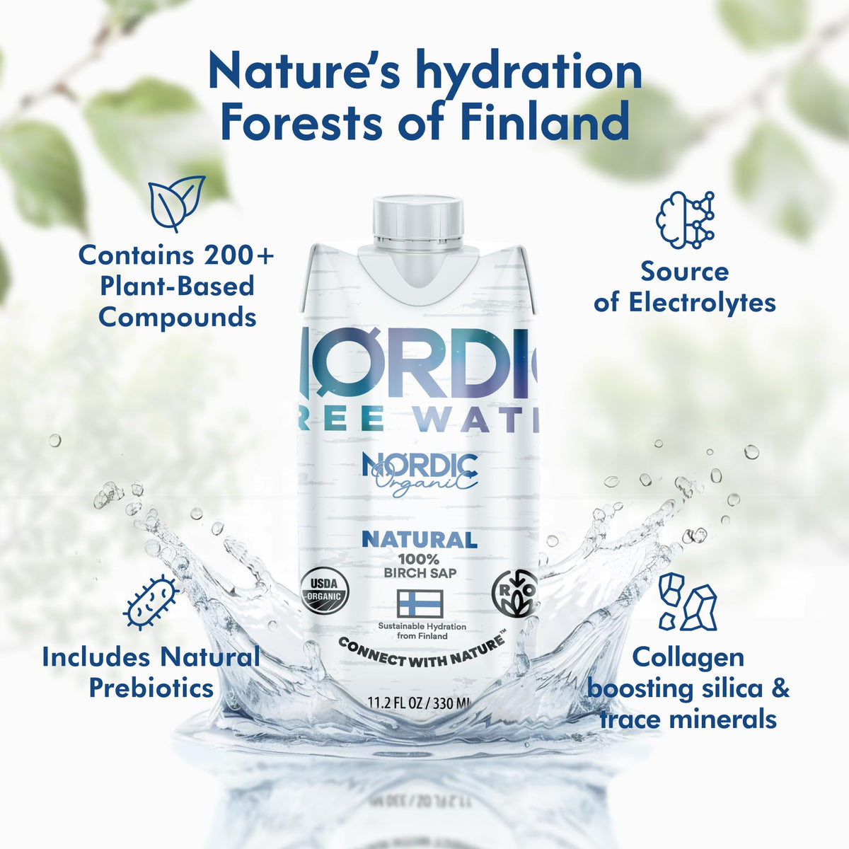 Nordic Tree Water birch sap glass shows crisp taste and nutrient-rich hydration.