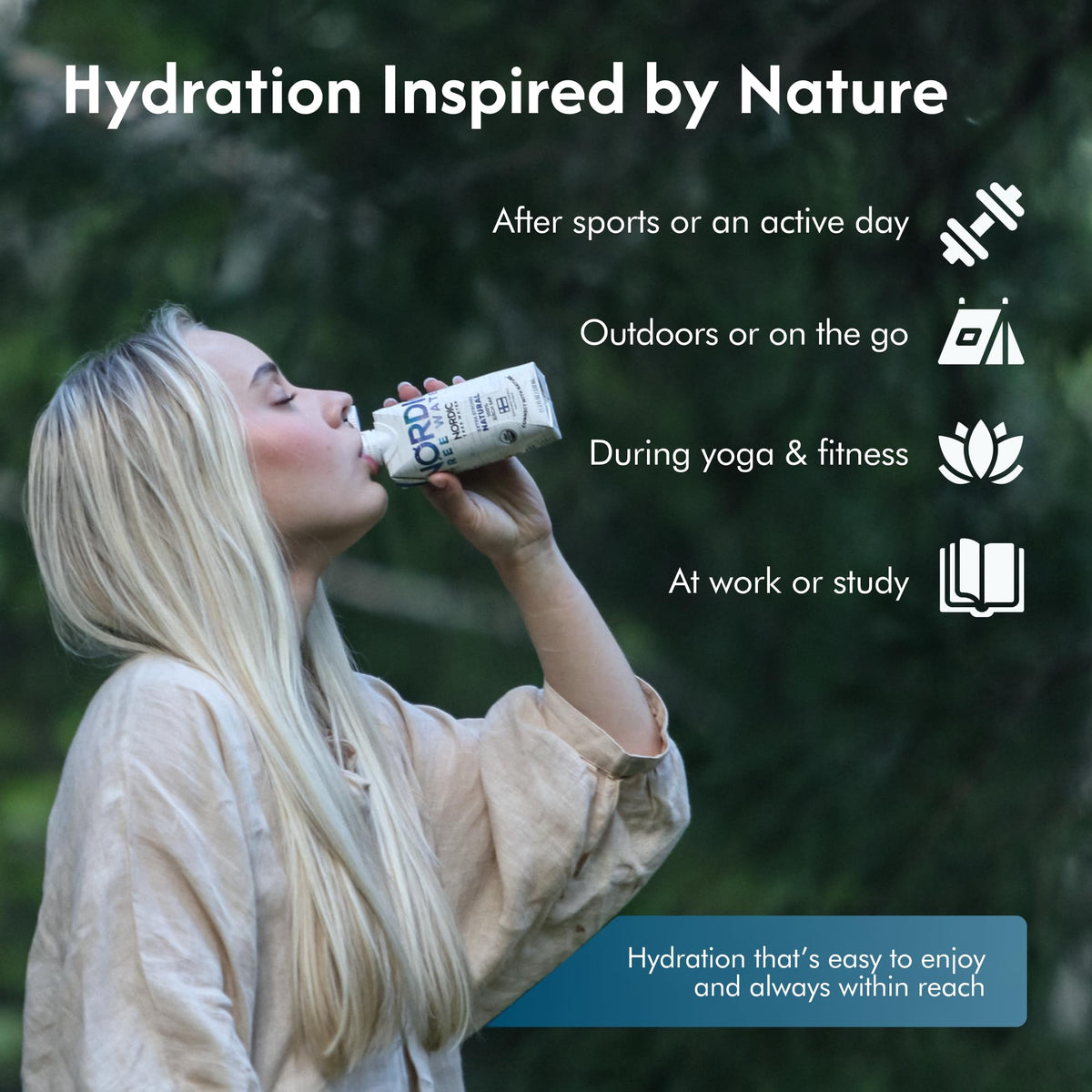 Nordic Tree Water label close-up notes prebiotics, minerals, and antioxidants.