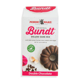 Nordic Ware Double Chocolate Bundt Cake Mix box close-up showing premium ingredients for bakery-worthy flavor at home