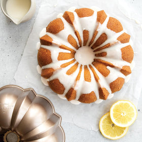 Nordic Ware Lemon Zest Bundt batter being mixed into a smooth, ready-to-bake batter.