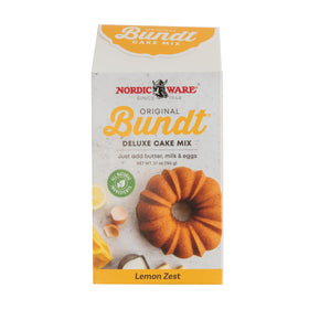 Nordic Ware Lemon Zest Bundt box front showcasing premium mix for bakery-quality results.