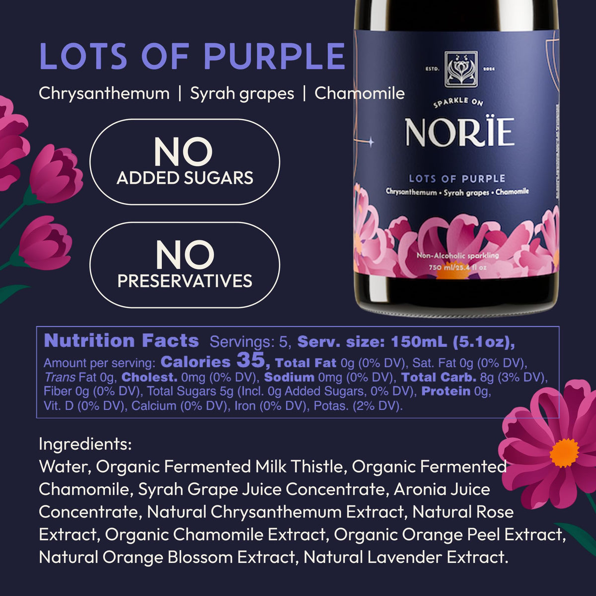 Close-up of Norïe Lots of Purple label on a refined bottle