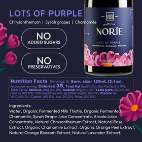 Close-up of Norïe Lots of Purple label on a refined bottle