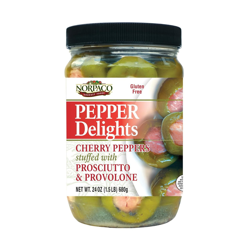 Norpaco prosciutto-provolone stuffed peppers in a jar for easy antipasto entertaining.