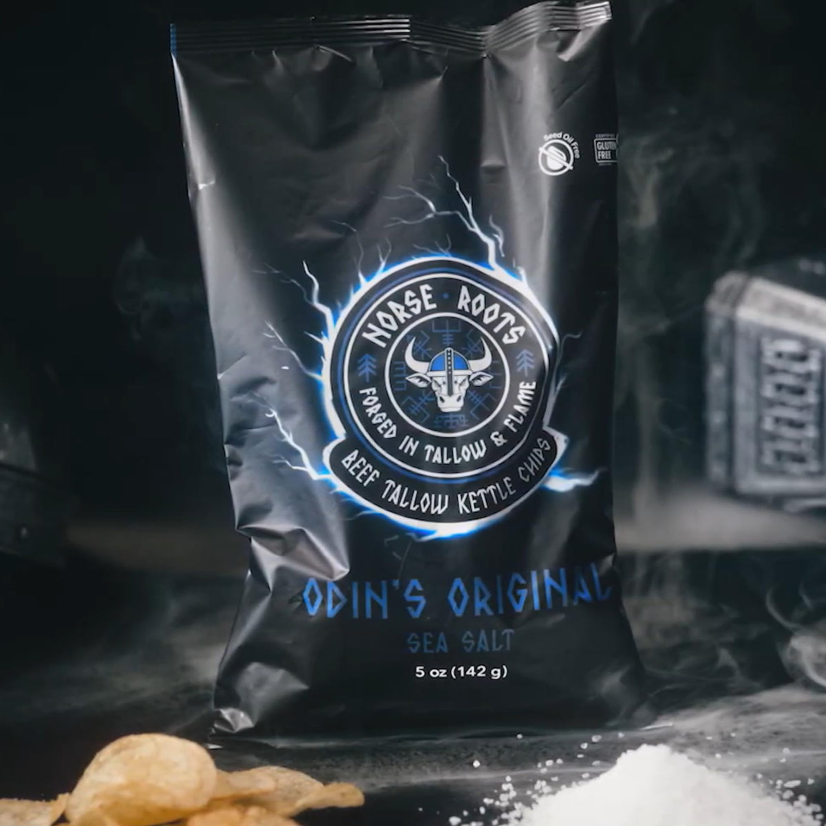 Front view of NORSE ROOTS variety pack of beef tallow chips