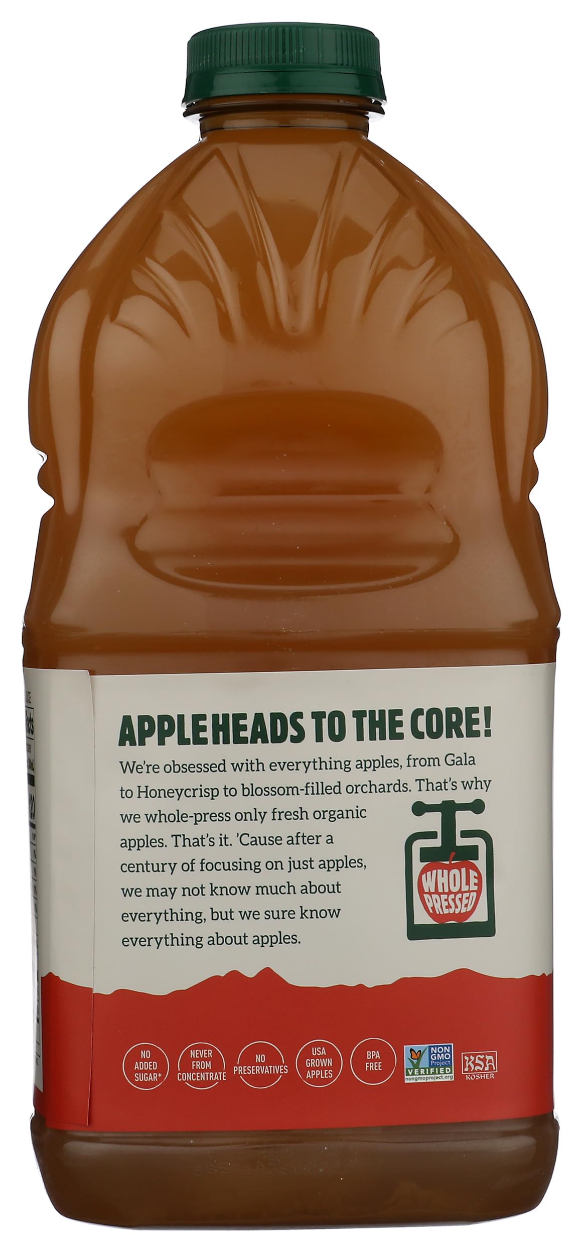 North Coast Brewery Organic Apple Juice front label reveals organic quality and no added sugars.
