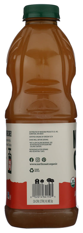 North Coast Brewery Organic Apple Juice label notes no preservatives for a clean profile.