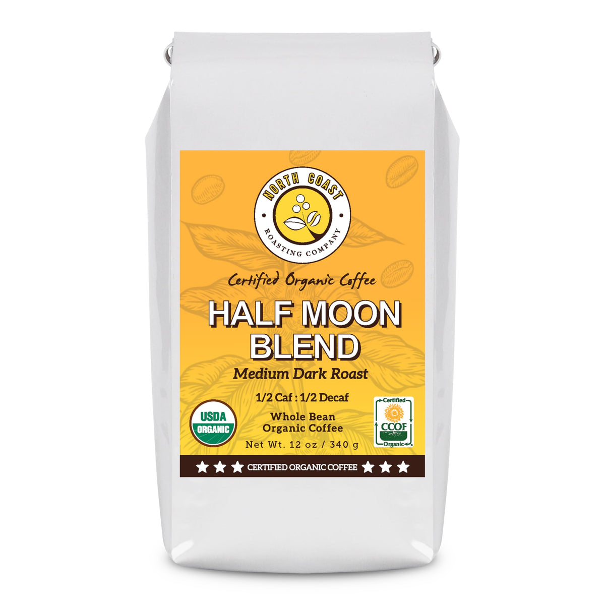 North Coast Half Caff bag front – organic, low-acid option for smoother mornings.
