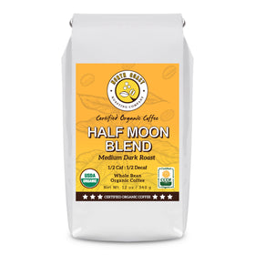 North Coast Half Caff bag front – organic, low-acid option for smoother mornings.