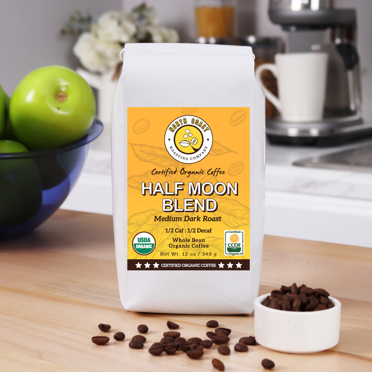 North Coast Half Caff coffee beans – close-up view, rich aroma and balanced flavor.