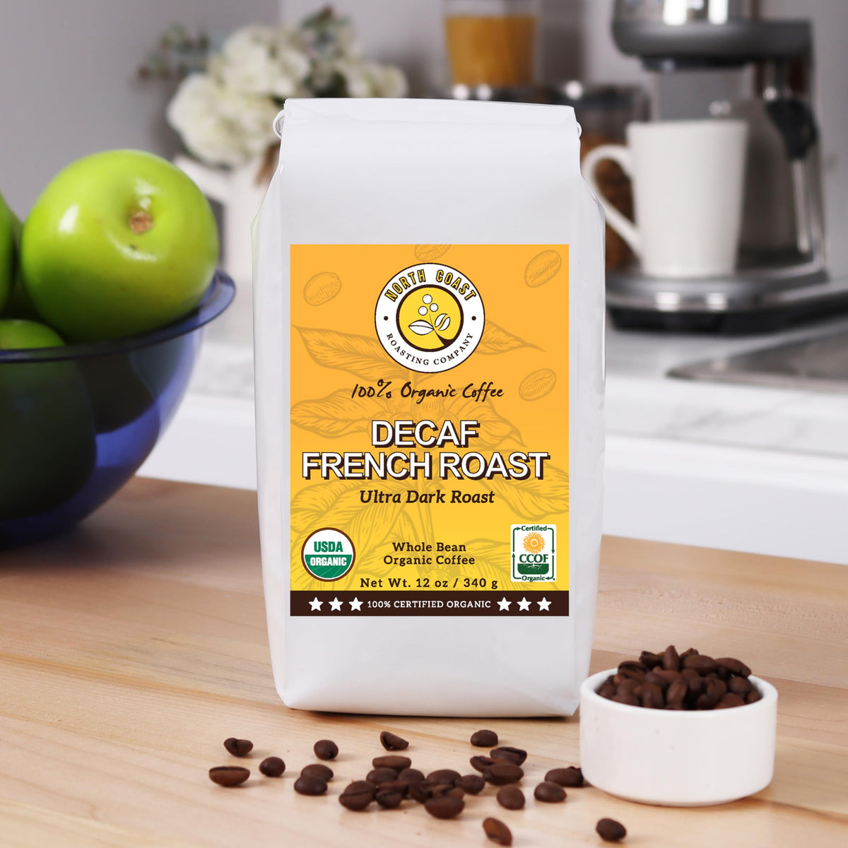 Back label on North Coast Roasting Ultra Dark bag explains decaf Swiss Water process