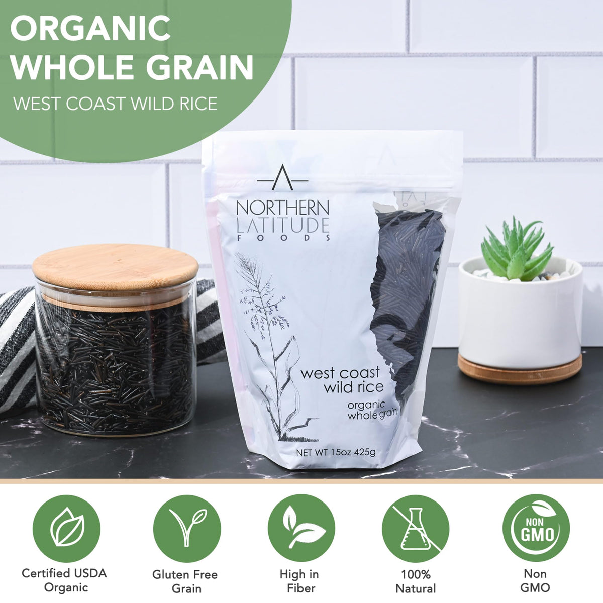 Northern Latitude Foods wild rice grains in close-up show long slender grains ideal for nutty flavor.