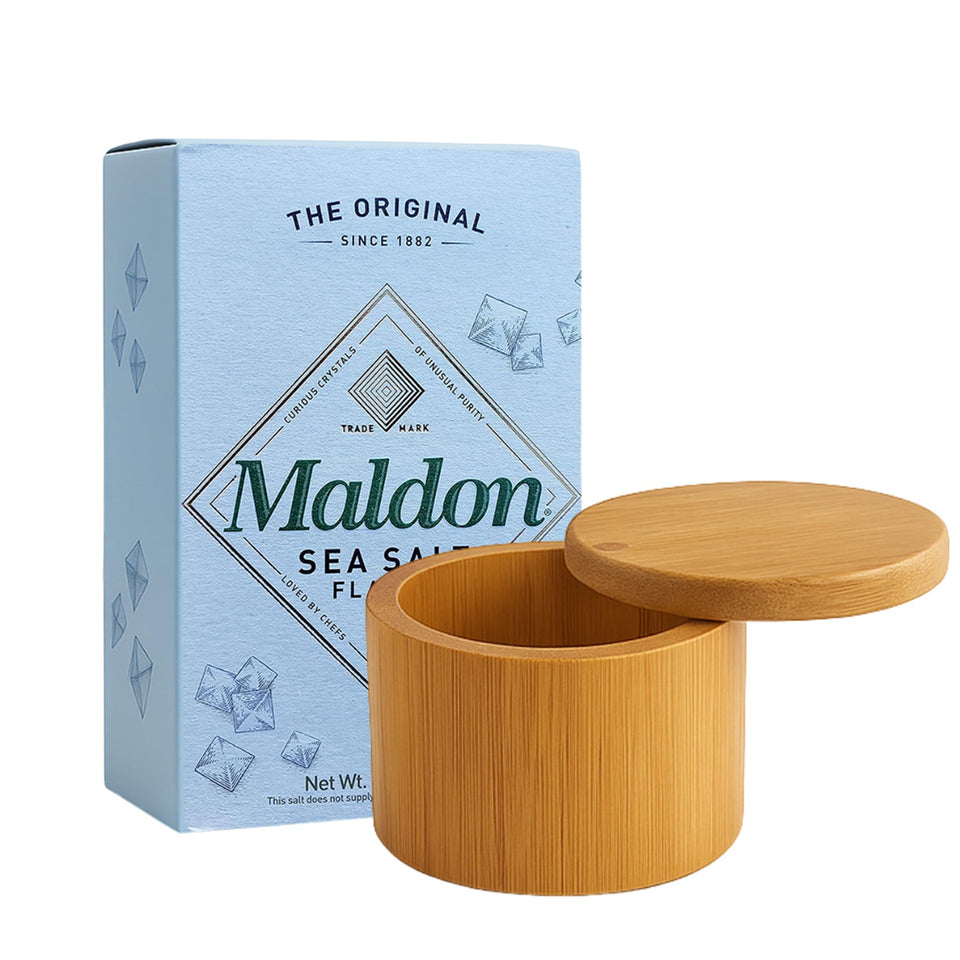 Northward Spirit bamboo salt box with Maldon salt flakes for fresh, flaky seasoning