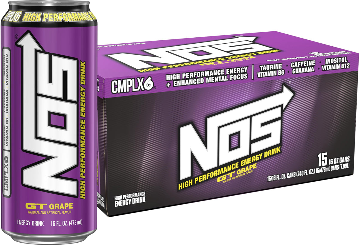 NOS GT Grape energy drink can highlighting bold flavor and quick energy support