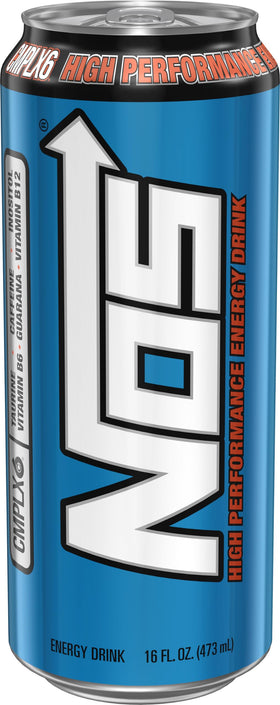 NOS Original can side label showing 160 mg caffeine and B vitamins for energy.