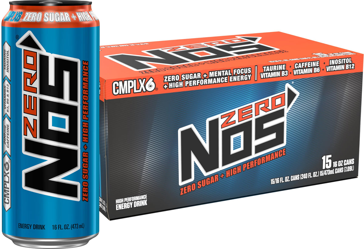 NOS Zero Sugar 16oz can, refreshing energy boost for workouts and workdays