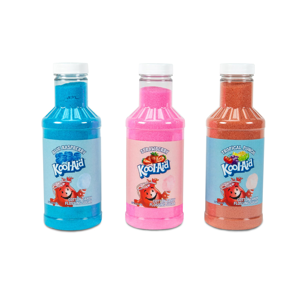 Nostalgia Kool-Aid blue raspberry flossing sugar bottle for carnival-colored cotton candy.