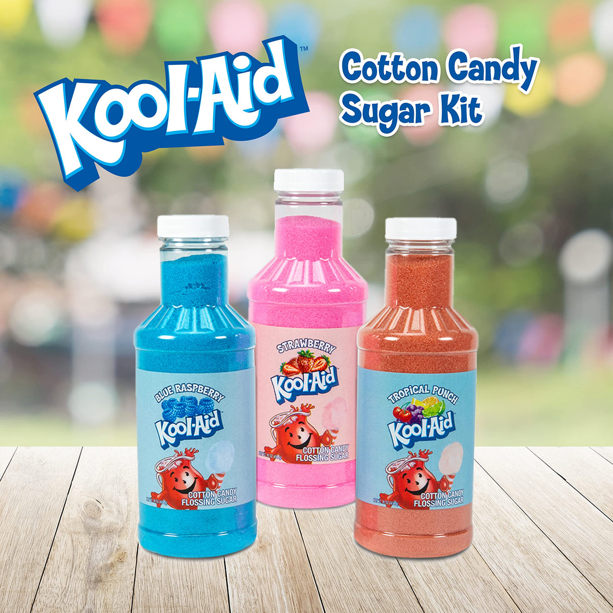 Nostalgia Kool-Aid strawberry flossing sugar bottle for fluffy party desserts.