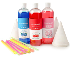 Nostalgia Snow Cone Blue Raspberry Syrup bottle with easy-pour spout for quick snow cones.
