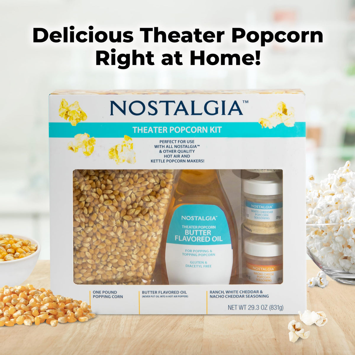 Nostalgia Theater Popcorn Kit butter oil ready to drizzle for rich aroma.