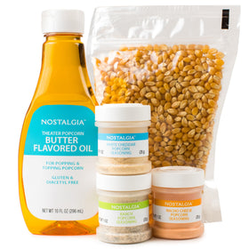 Nostalgia Theater Popcorn Kit kernels ready to pop for cinema-style snacks.