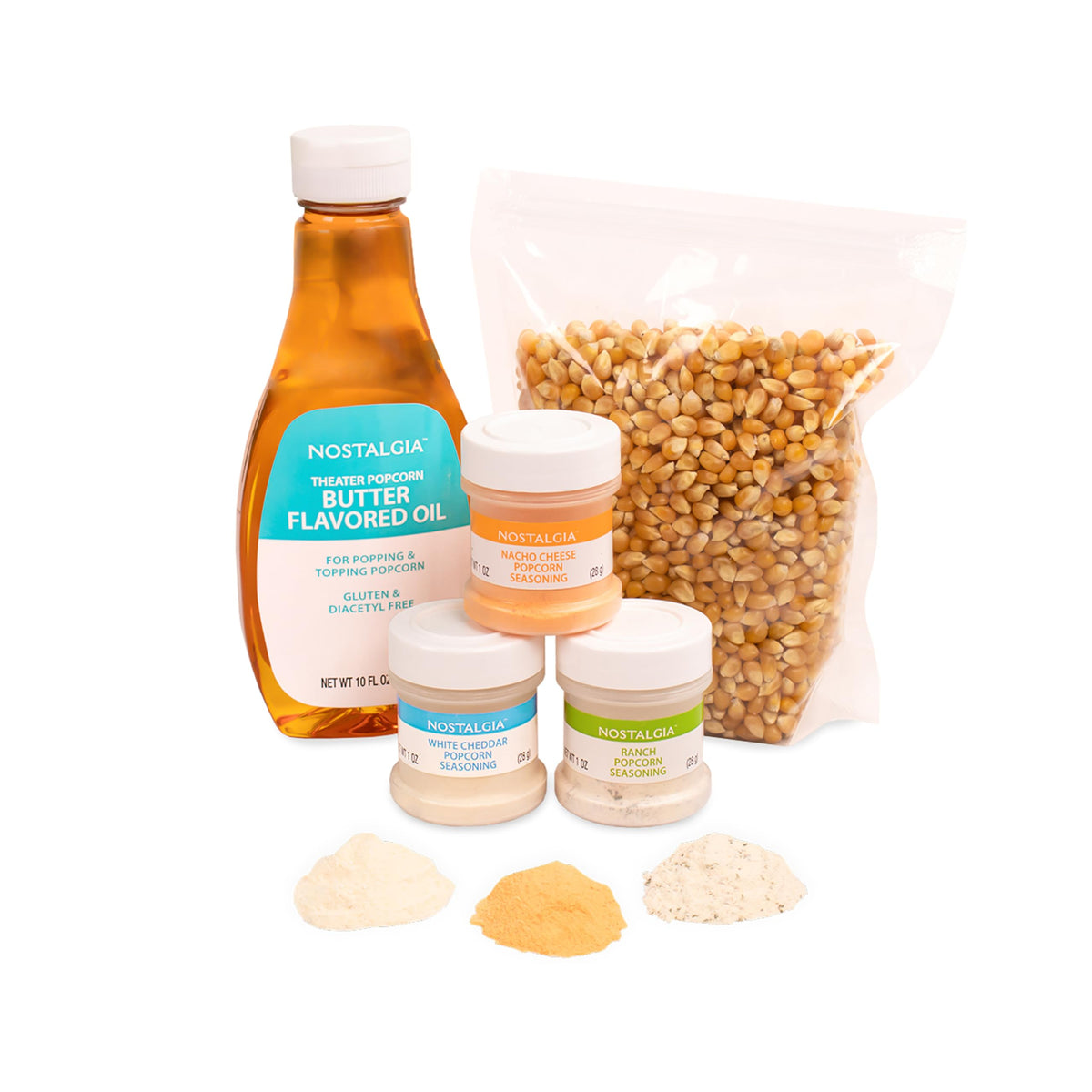 Nostalgia Theater Popcorn Kit white cheddar seasoning delivers bold cheese notes.