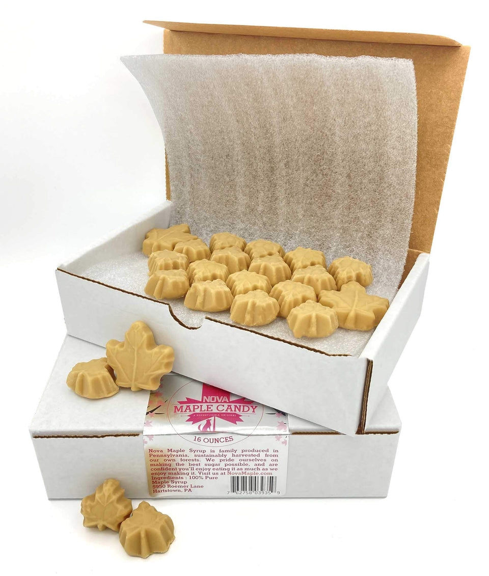 Nova Maple Candy box showcases 16 oz of pure maple sugar leaf candies, ideal for gifting.