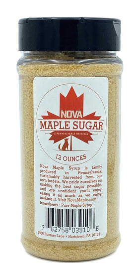 Nova Maple Sugar jar close-up shows pure Grade-A crystals for natural baking and topping.