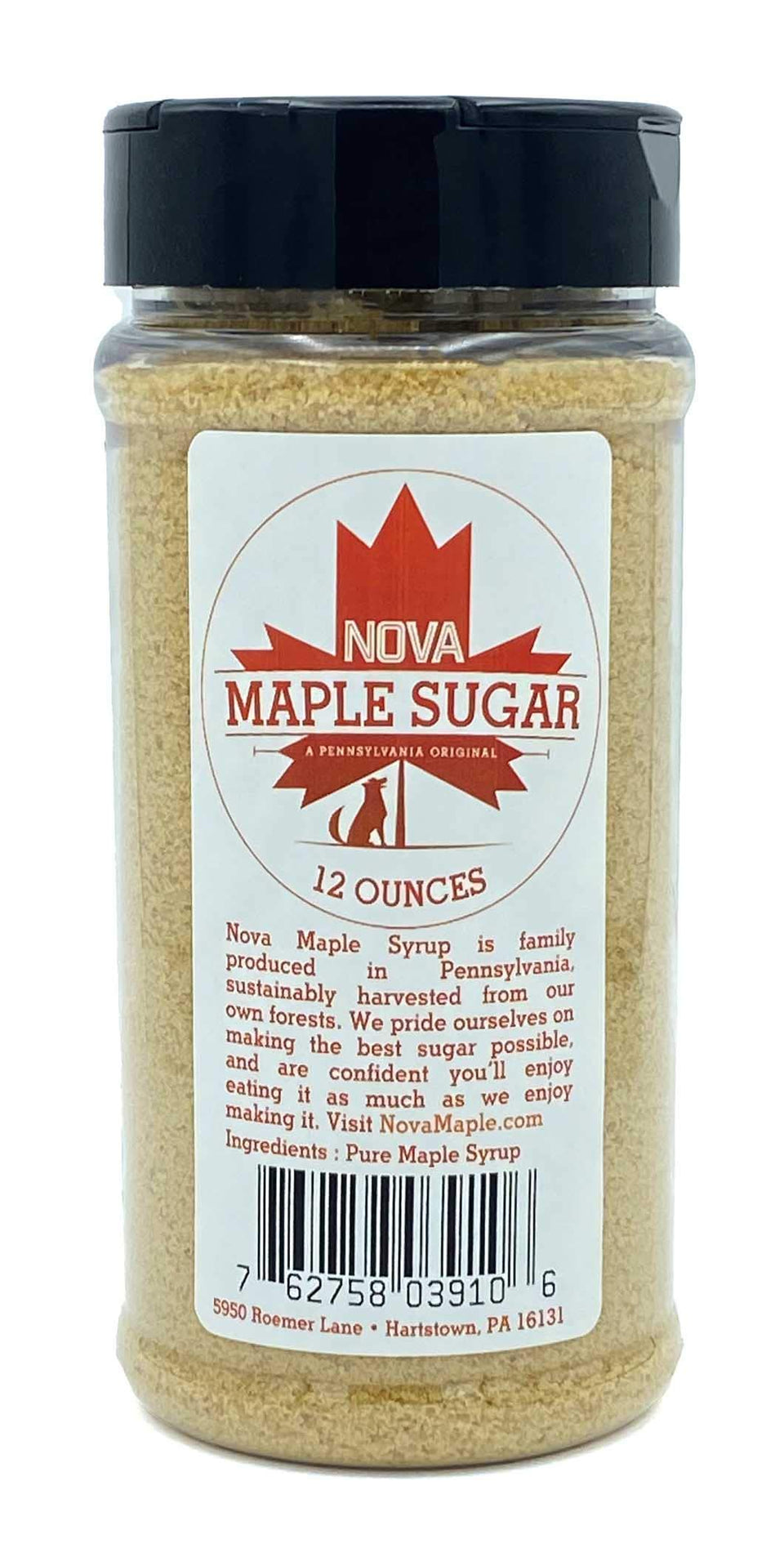 Nova Maple Sugar jar close-up shows pure Grade-A crystals for natural baking and topping.