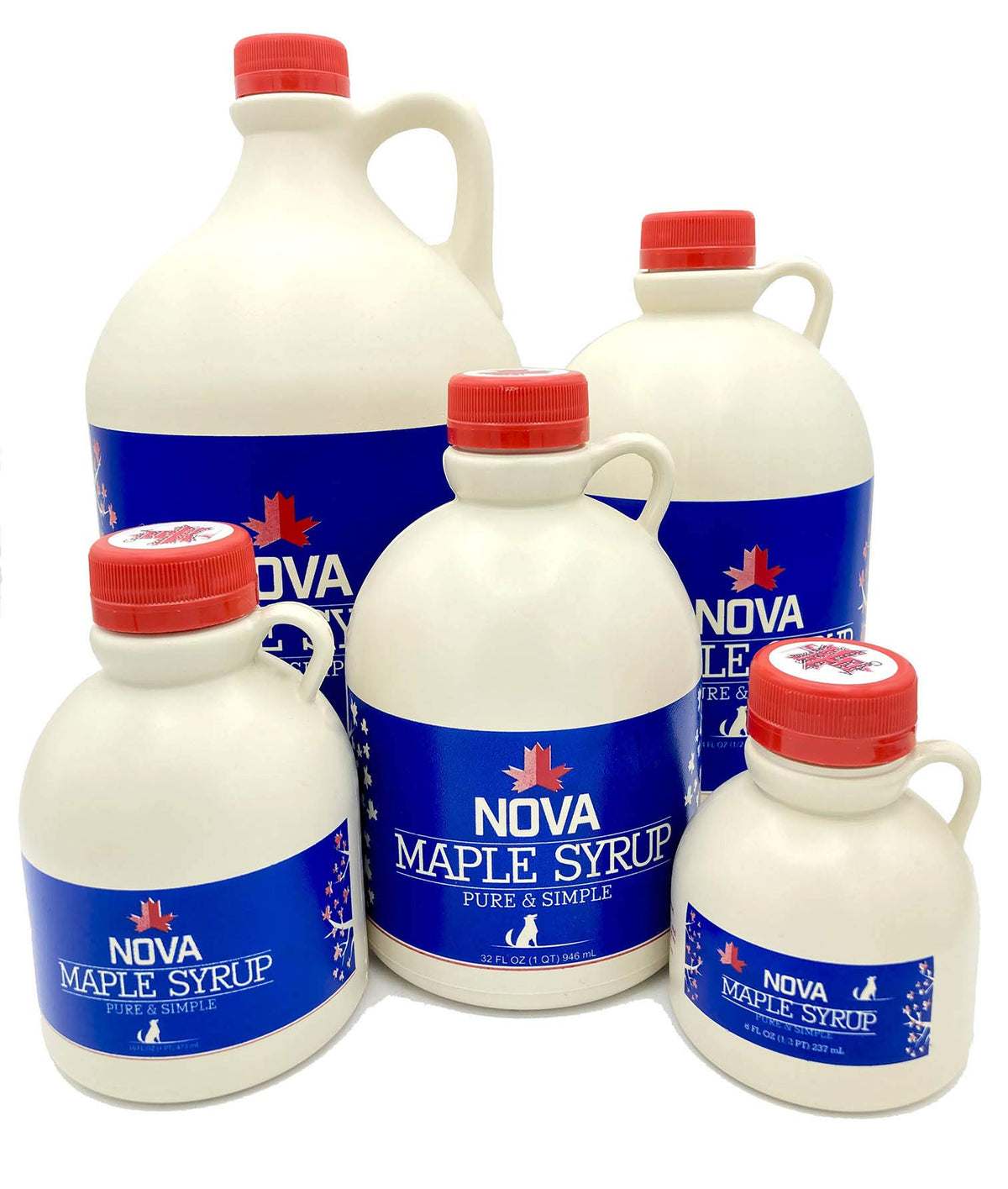 Nova Maple Syrup bottle being poured, smooth drizzle over pancakes