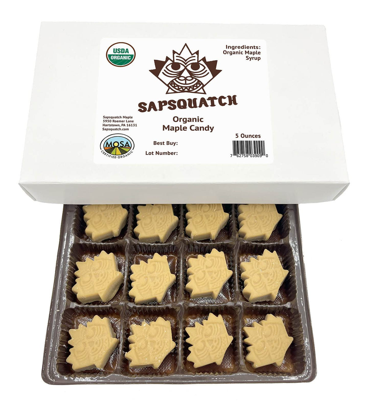 Nova Maple Syrup Sapsquatch candy box with 12 pieces, gift-ready.