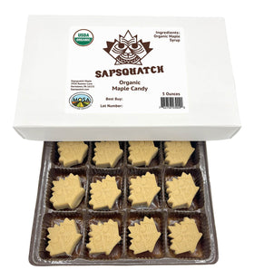 Nova Maple Syrup Sapsquatch candy box with 12 pieces, gift-ready.