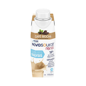 NovaSource Renal cafe mocha glass pour demonstrates easy portioning of a protein-rich drink.