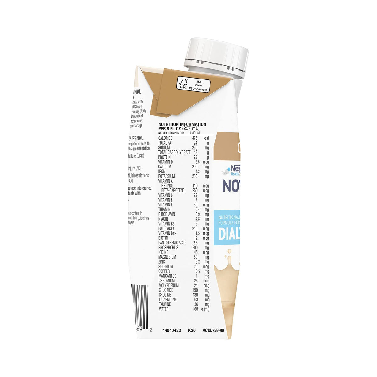 NovaSource Renal nutrition label highlights 475 calories and 21.6 g protein per carton.