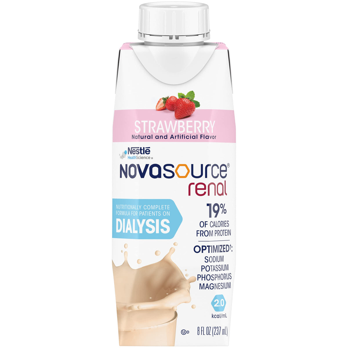 NovaSource Renal Strawberry bottle pouring to illustrate ready-to-drink renal nutrition