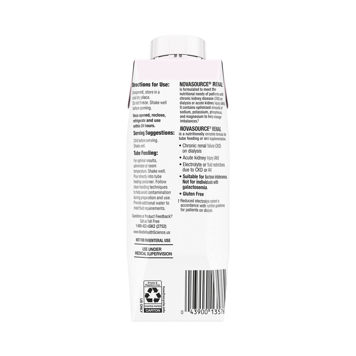 NovaSource Renal Strawberry carton side with gluten-free and lactose-free claim