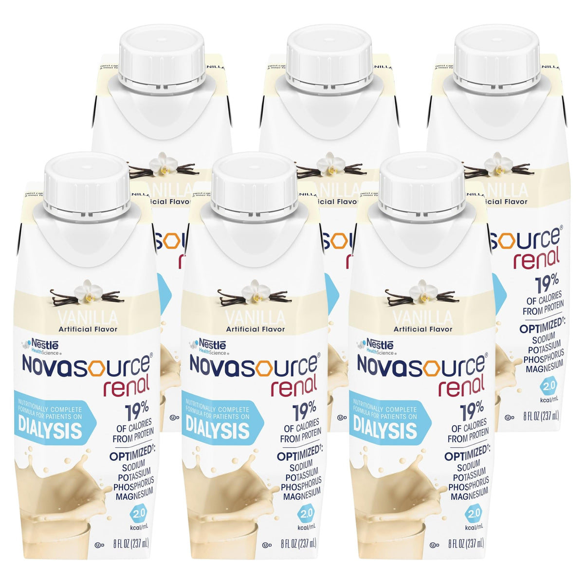 Novasource Renal vanilla carton on kitchen counter for convenient hydration.