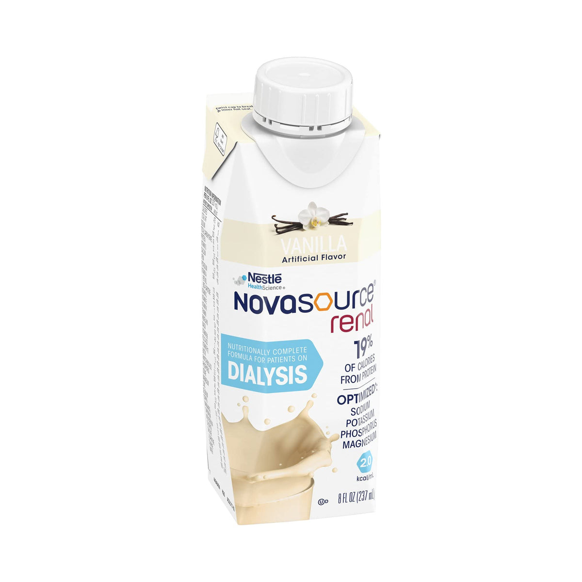 Novasource Renal vanilla carton with straw ready for on the go hydration.