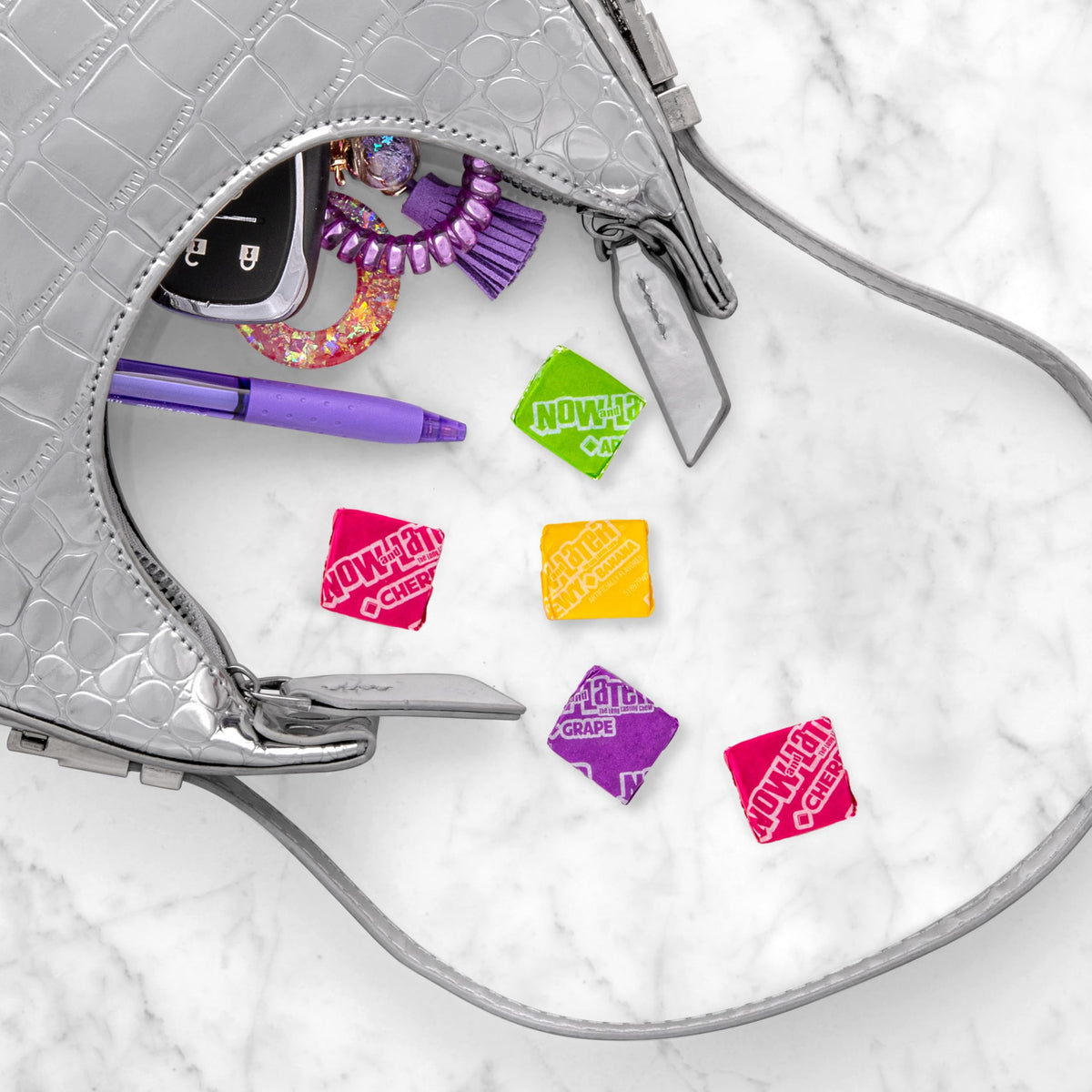 Close-up of Now and Later fruity chews in bright flavors