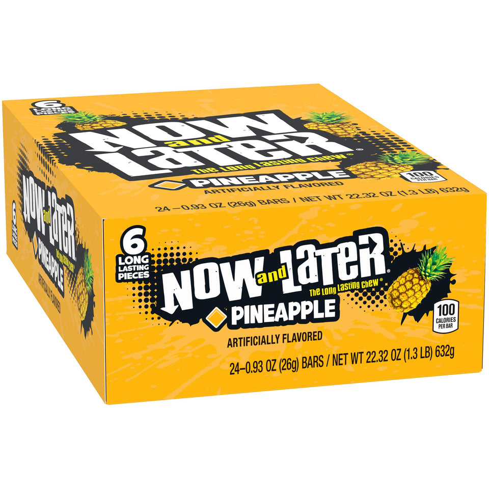 Now & Later Original Pineapple 24-pack on shelf, long-lasting fruity flavor.