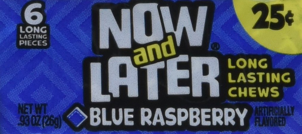 Now & Later blue raspberry taffy chews, long-lasting bite-sized squares for sharing.