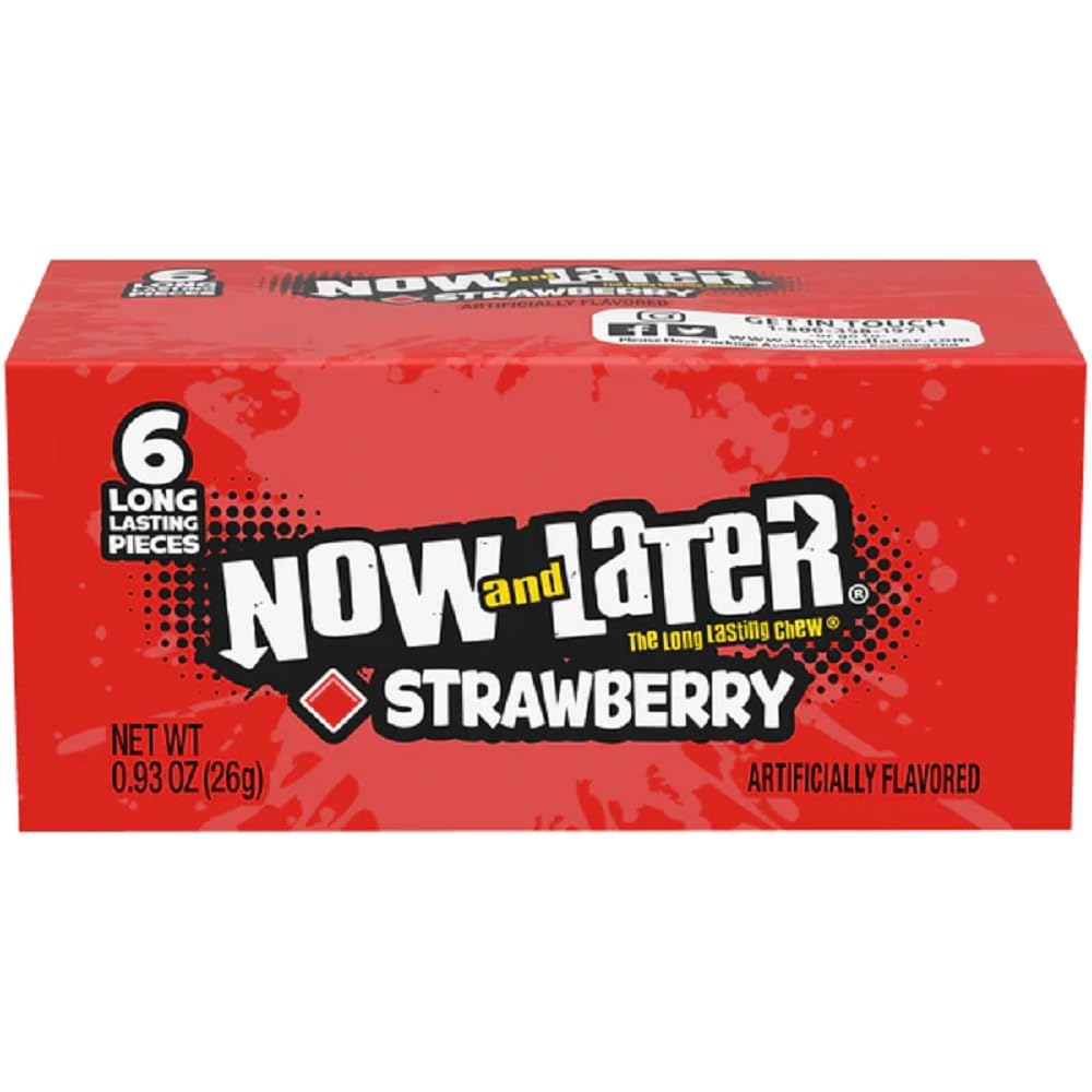 Now and Later strawberry taﬀy bar close-up showing shell and chewy center