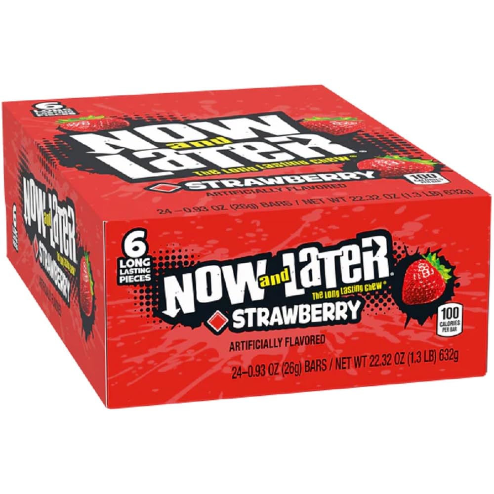 Now and Later Strawberry taffy pack front in bright colors, ideal for party favors