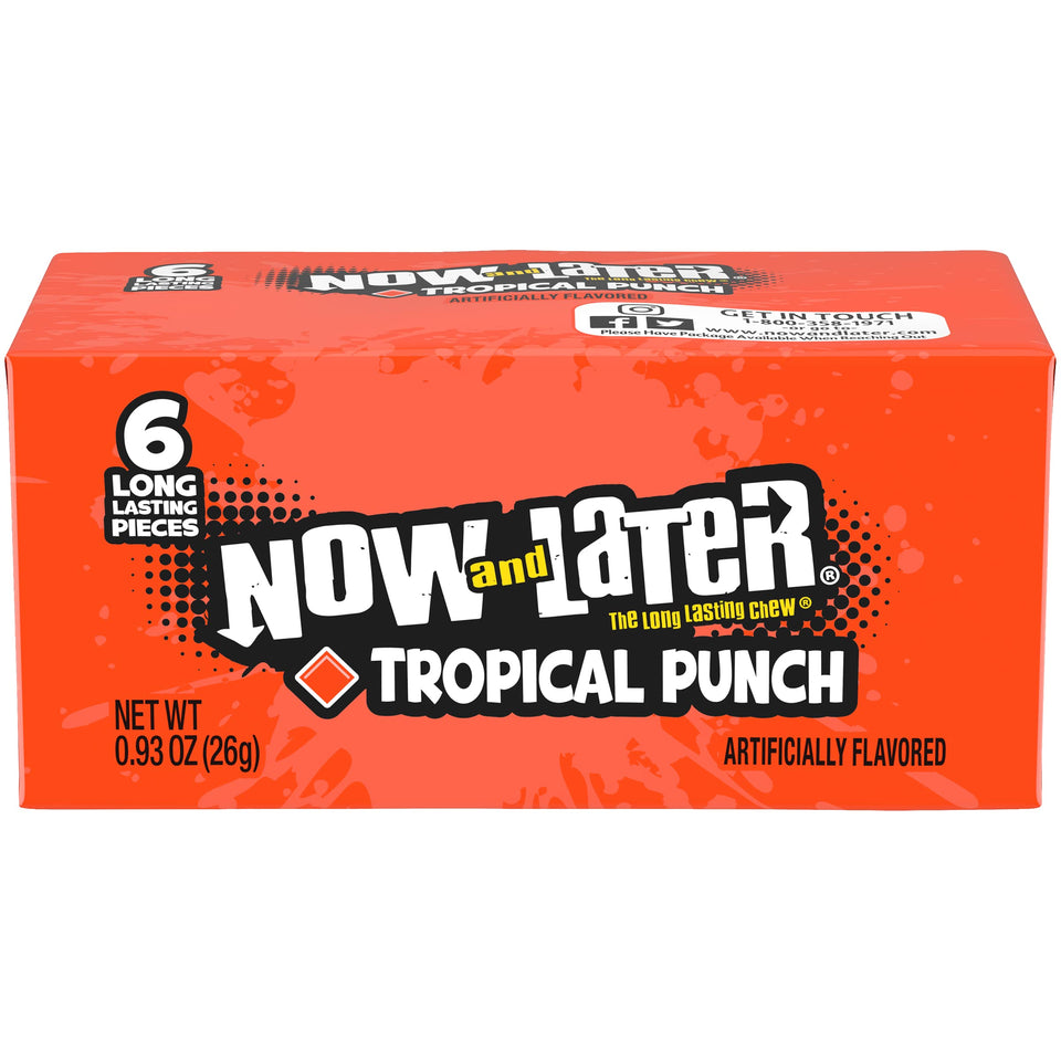 Now & Later tropical punch taﬀy bars on display, perfect for sharing at gatherings.