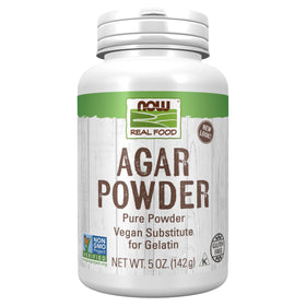 NOW Foods Agar Pure Powder packaging shows vegan gelatin substitute for recipes.