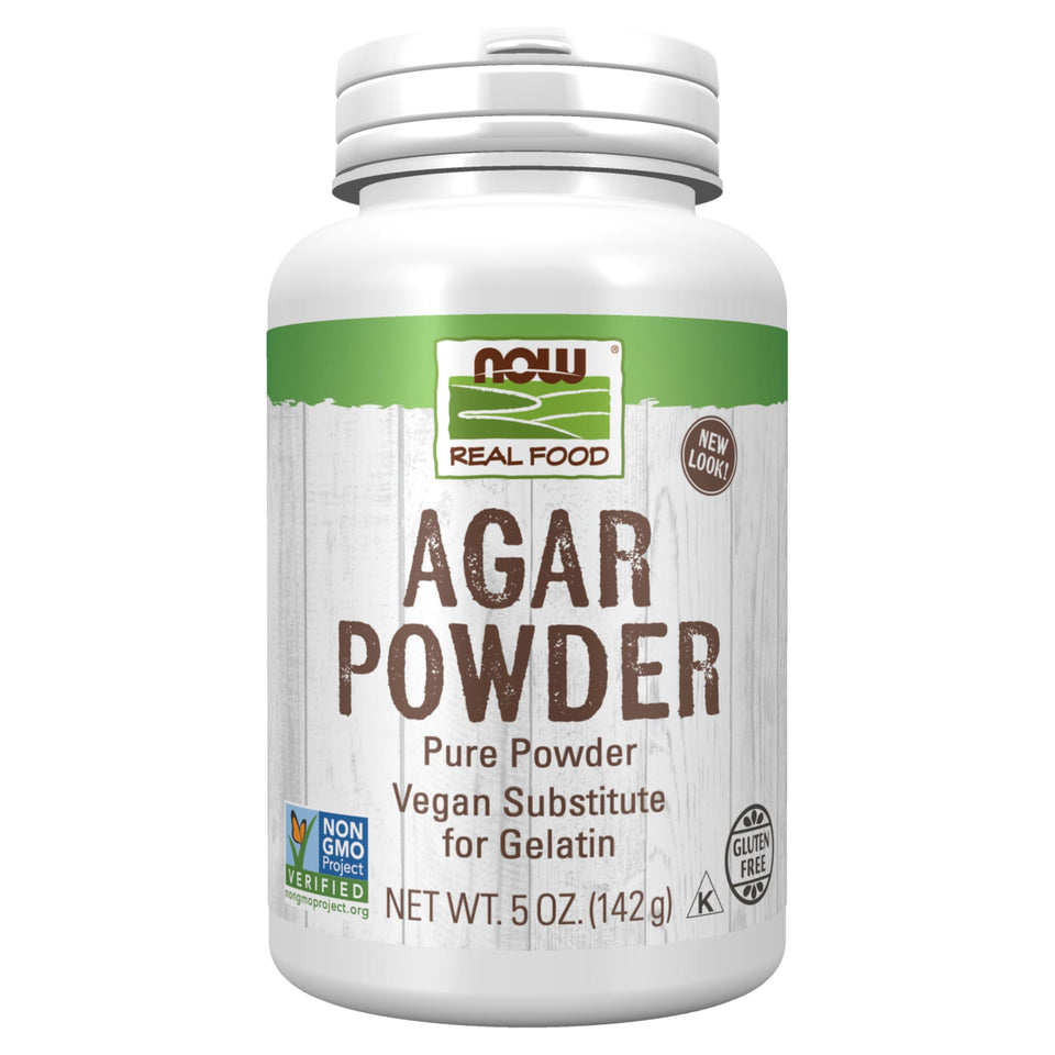 NOW Foods Agar Pure Powder packaging shows vegan gelatin substitute for recipes.